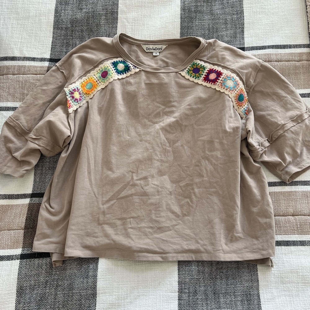 DAVI & DANI Tan Sweatshirt with Colorful Crochet Accents